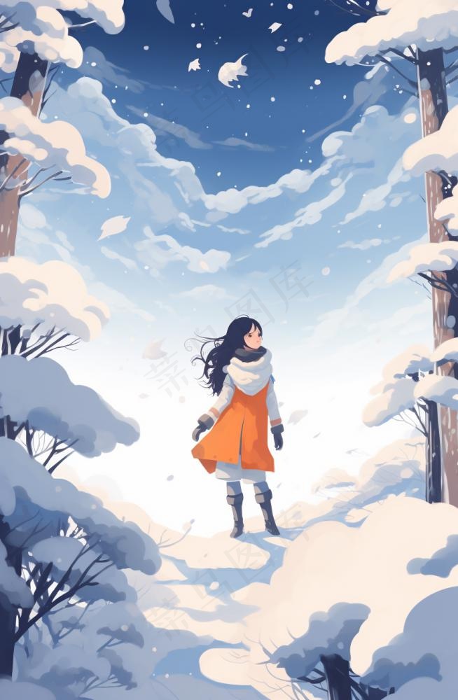 冬季在雪地里漫步的少女女孩漫天飞雪卡通插画背景(880x1344)
