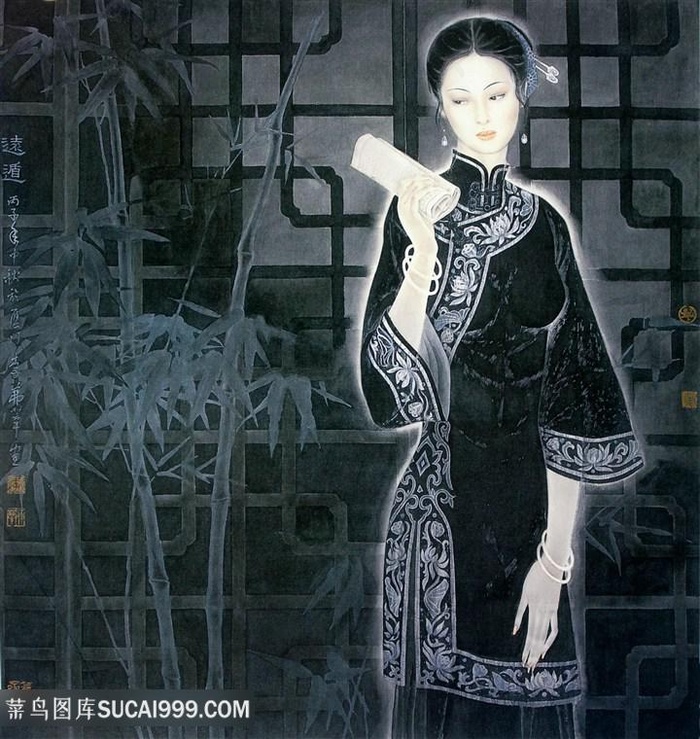 中式竹子古典美女装饰画