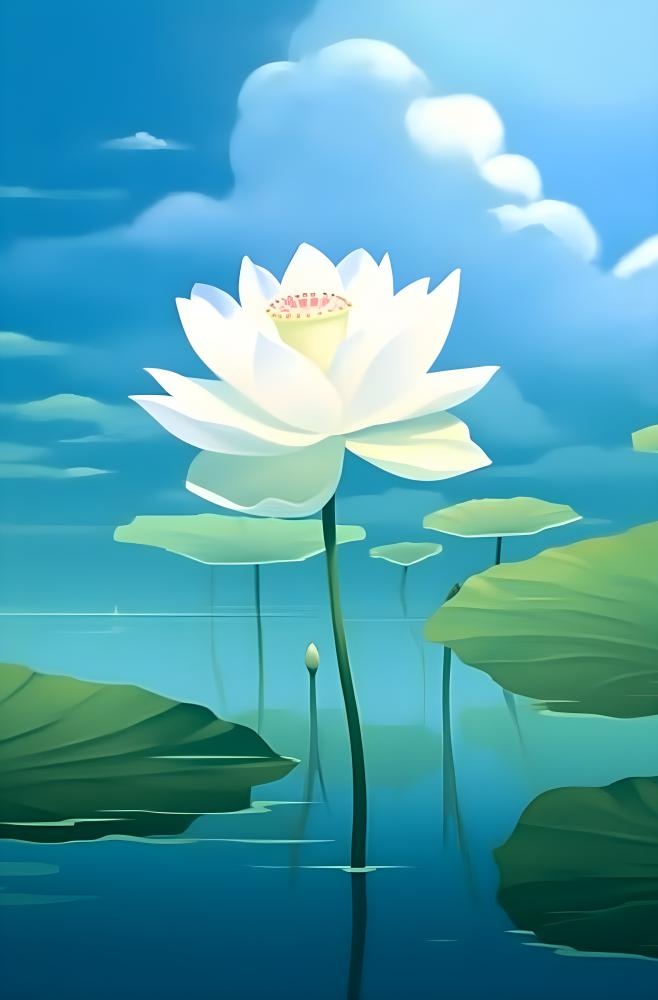 荷花荷叶蓝色背景