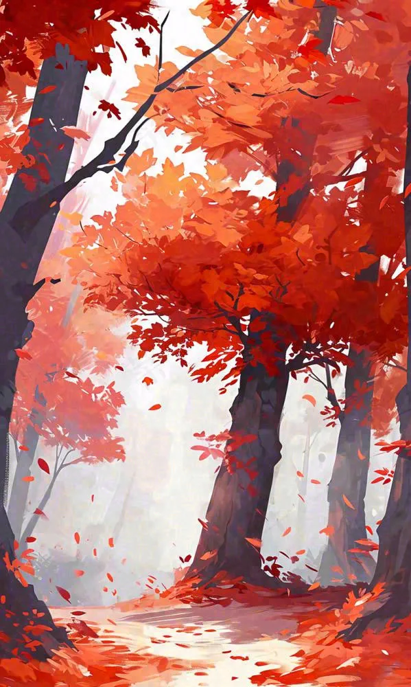 秋天红色秋叶树落叶温馨自然风景，立秋手绘插画(816x1361)