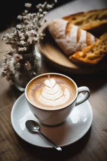 下午茶咖啡拉花面包牛角包摄影图 下午茶咖啡拉花面包牛角包摄影图