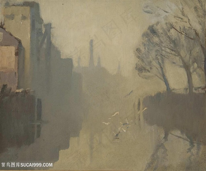 锡戈手绘湖畔大树建筑美景