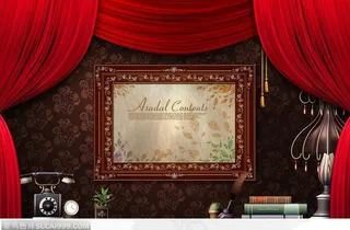 韩国室内静物－－红色窗帘、相框和古典电话、台灯