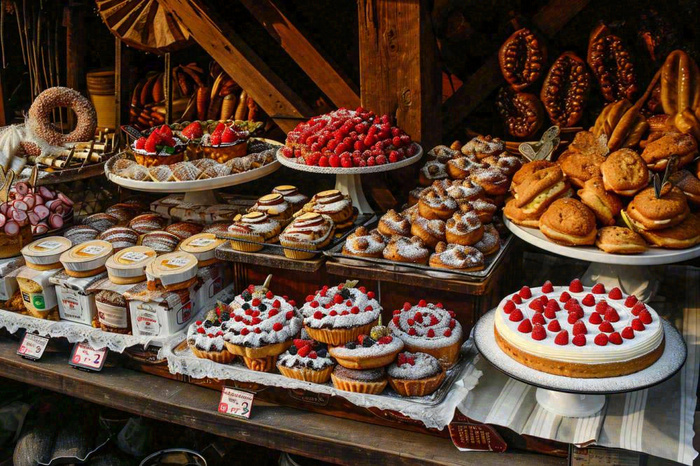 美食甜甜圈甜食蛋糕甜品面包街边店铺，木质复古