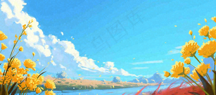 春日草地鲜花清新郊外草坪蓝天白云，春分