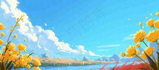 春日草地鲜花清新郊外草坪蓝天白云，春分