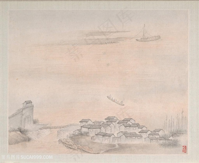 清代画家樊圻山水册页渔舟渡江图国画图片