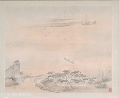 清代画家樊圻山水册页渔舟渡江图国画图片