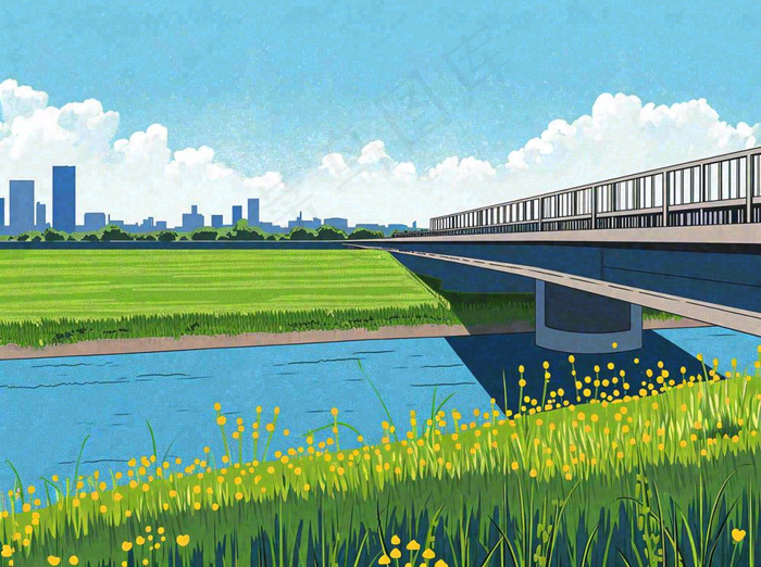 城市河边草地交通风景，春天阳光蓝天白云手绘插画(1264x944)