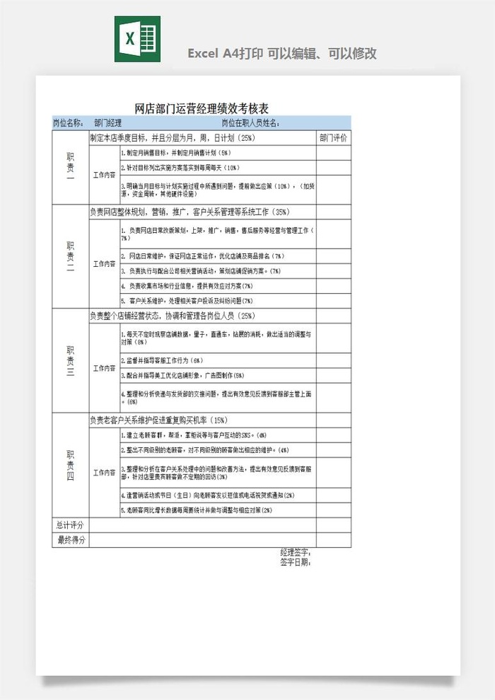 公司员工部门绩效考核表试用期KPI月度统计管理excel表格模板素材