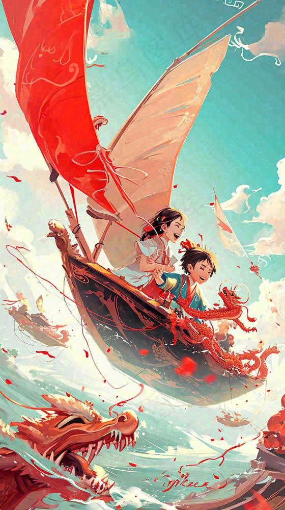 海面上龙船开船手绘插画，孩子人物，蓝天白云古风(816x1456)