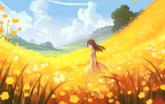 蓝天白云草坪草原人物黄色花朵手绘插画海报素材背景(5504x3456)
