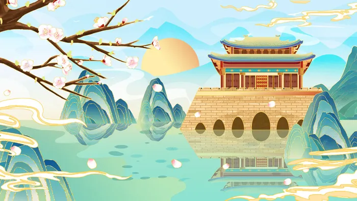 中国风国潮烫金仙鹤山水古建筑风景装饰插画背景PSD分层设计素材psd模版下载