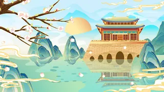 中国风国潮烫金仙鹤山水古建筑风景装饰插画背景PSD分层设计素材