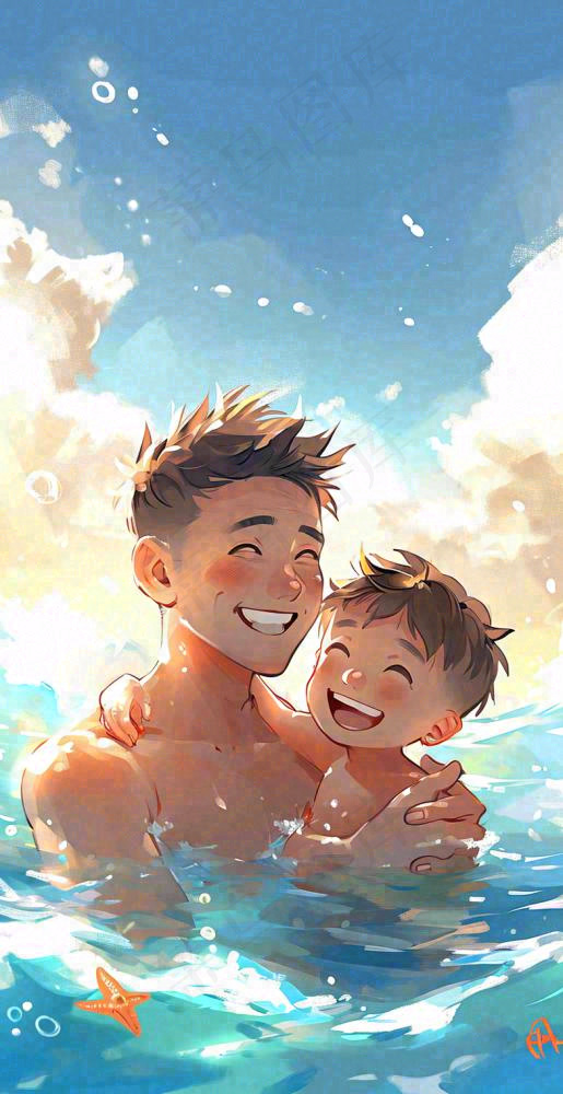 夏天父子游泳泳池蓝天白云清新手绘插画