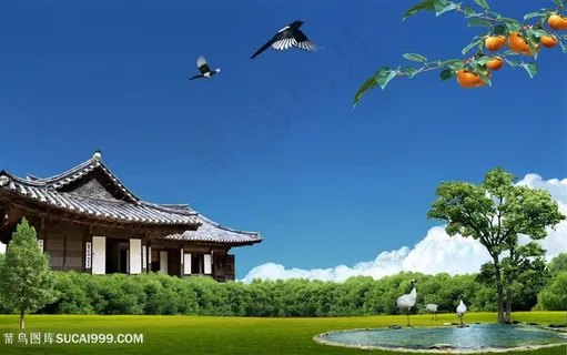 草地房子风景画韩式自然背景