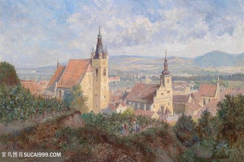 小镇风景油画图片