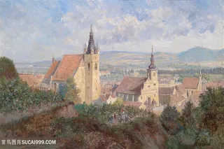 小镇风景油画图片