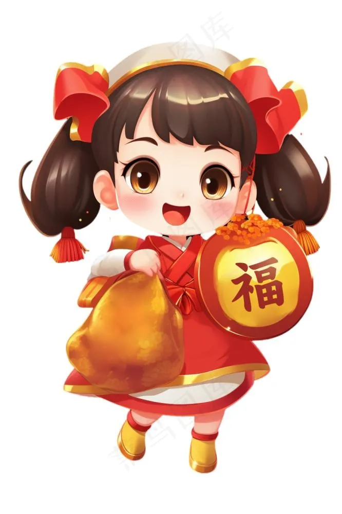 春节卡通儿童抱福袋元素(896x1344)