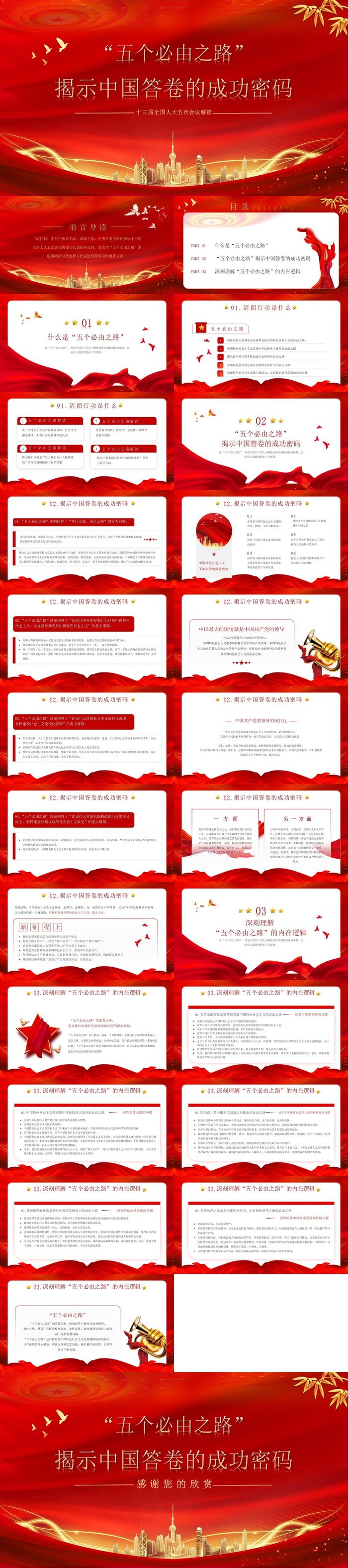 红色简约风五个必由之路PPT模板