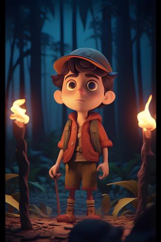 森林探险旅行男孩夜晚3D卡通背景