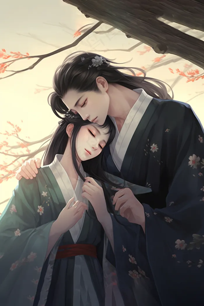 古风情侣花树下拥抱浪漫氛围插画素材(x)