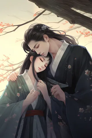 古风情侣花树下拥抱浪漫氛围插画素材