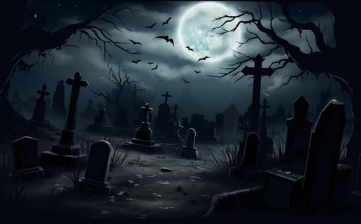 万圣节夜晚坟墓恐怖月色树林插画蓝黑色背景