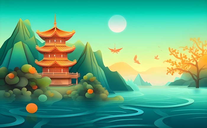 国风山水阁楼古风背景