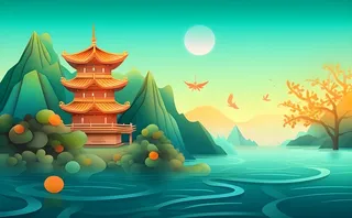 国风山水阁楼古风背景