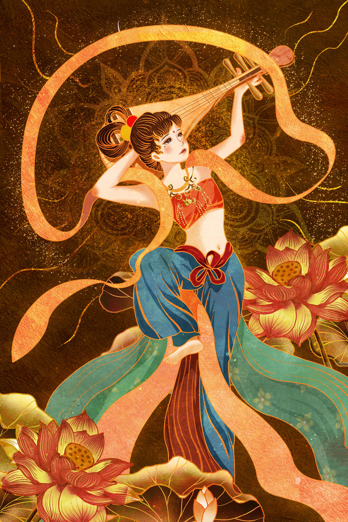 复古中国风国潮神话人物敦煌插画仙女手绘海报背景PSD设计素材