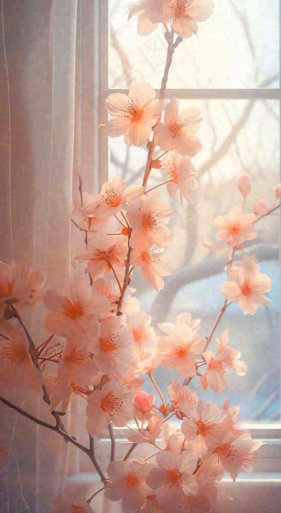 春天窗台粉色渐变鲜花，枝叶，春节立春(816x1488)