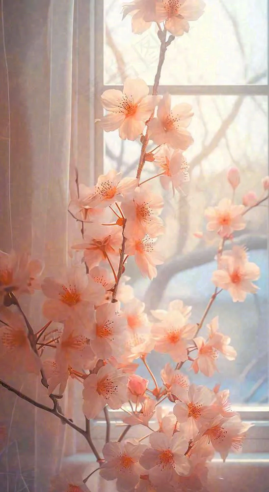 春天窗台粉色渐变鲜花，枝叶，春节立春(816x1488)