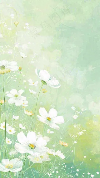 清新白色小花春天萌芽手绘，春分