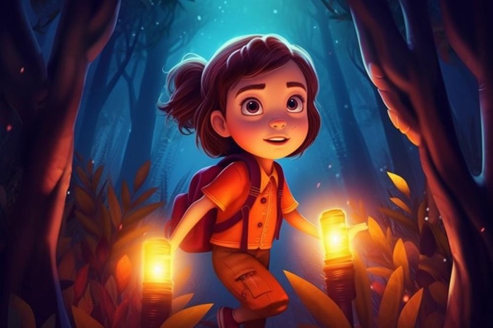 森林探险女孩灯光插画背景