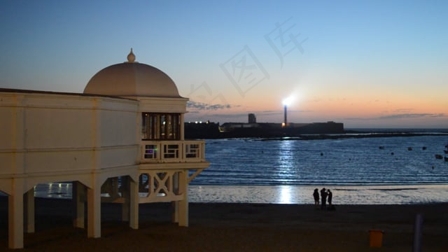 灯塔, 海滩, 卡莱塔, 加迪斯, 海岸, 晚上的气氛