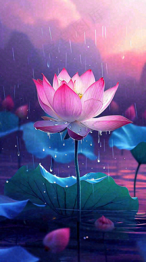 夏天下雨池塘里盛开的荷花特写，立夏，夏至