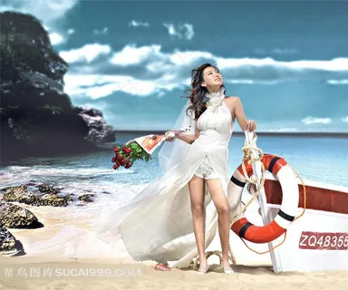 浪漫沙滩迎风的性感新娘婚纱摄影
