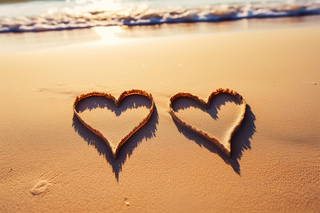 海边沙滩上的两个爱心摄影图