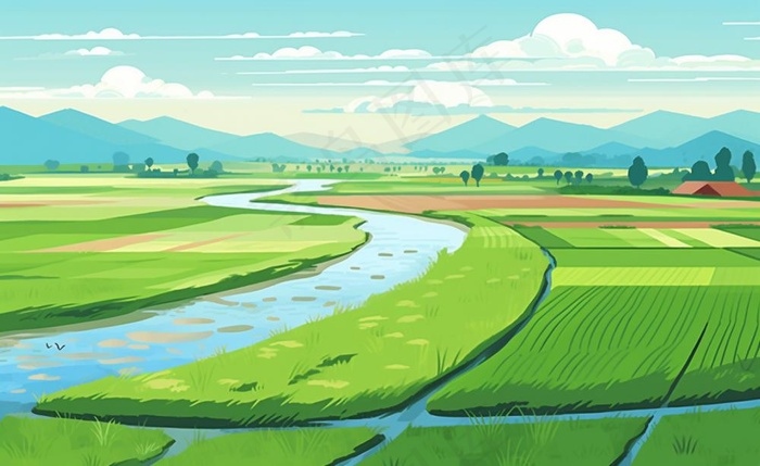 乡村村庄美丽风景河流插画农田插画背景(1408x864)