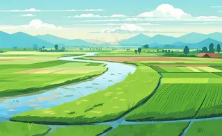 乡村村庄美丽风景河流插画农田插画背景