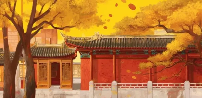 秋季宫墙树木落叶古风背景