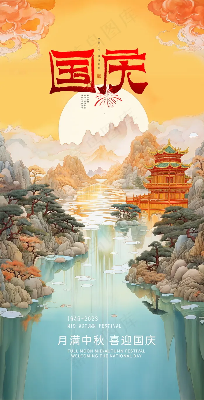 手绘国庆插画画面psd模版下载