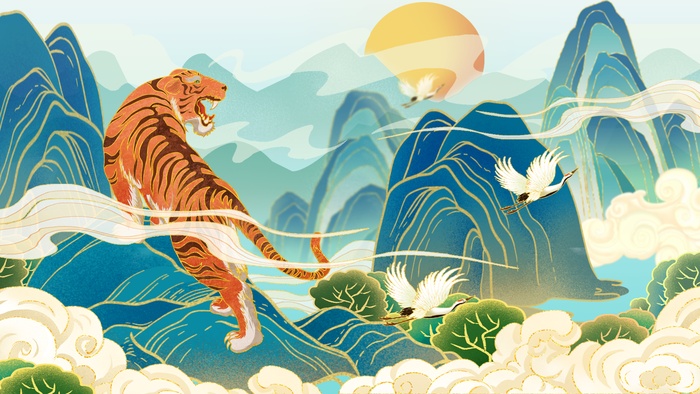 虎年中国风萌虎插画psd模版下载