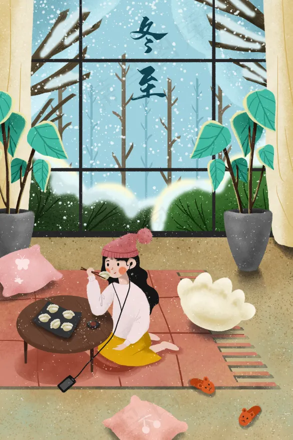 冬至插画可爱女孩吃饺子