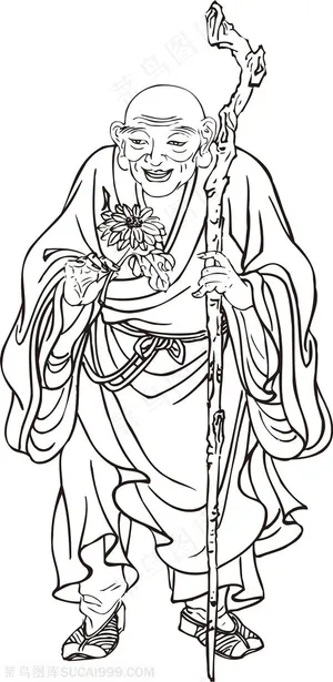 喝水的和尚手绘线描108罗汉矢量PNG绘画图片