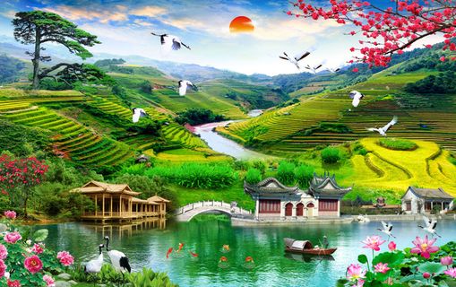 梯田高山流水桥现代背景