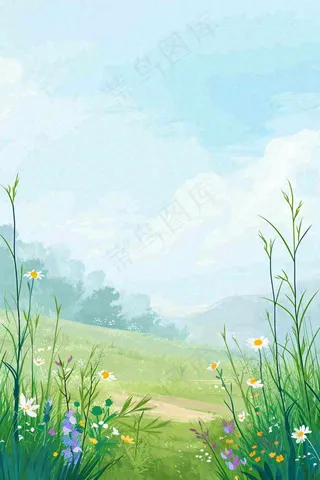 春日郊游草坪小路小花踏青手绘插画，立春春分