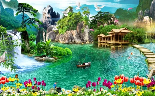 流水生财花卉小船风景