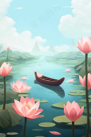 荷花莲花荷叶盛开卡通插画